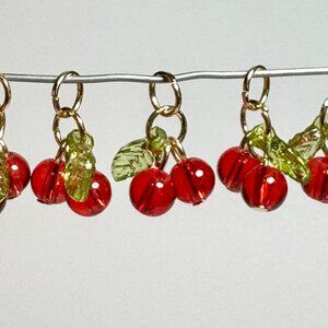 Red Glass Cherry Charms with Green Leaves Gold Tone Jump Ring